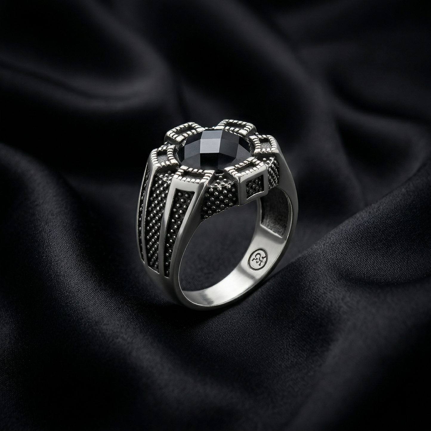 Bold Geometric Onyx Silver Signet Ring