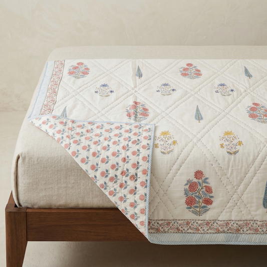 Hand Block Floral Diamond Quilt