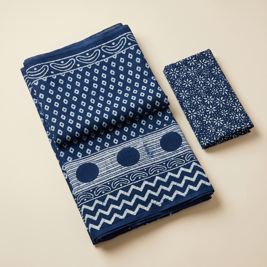 Indigo Hand-Block Printed Cotton Saree