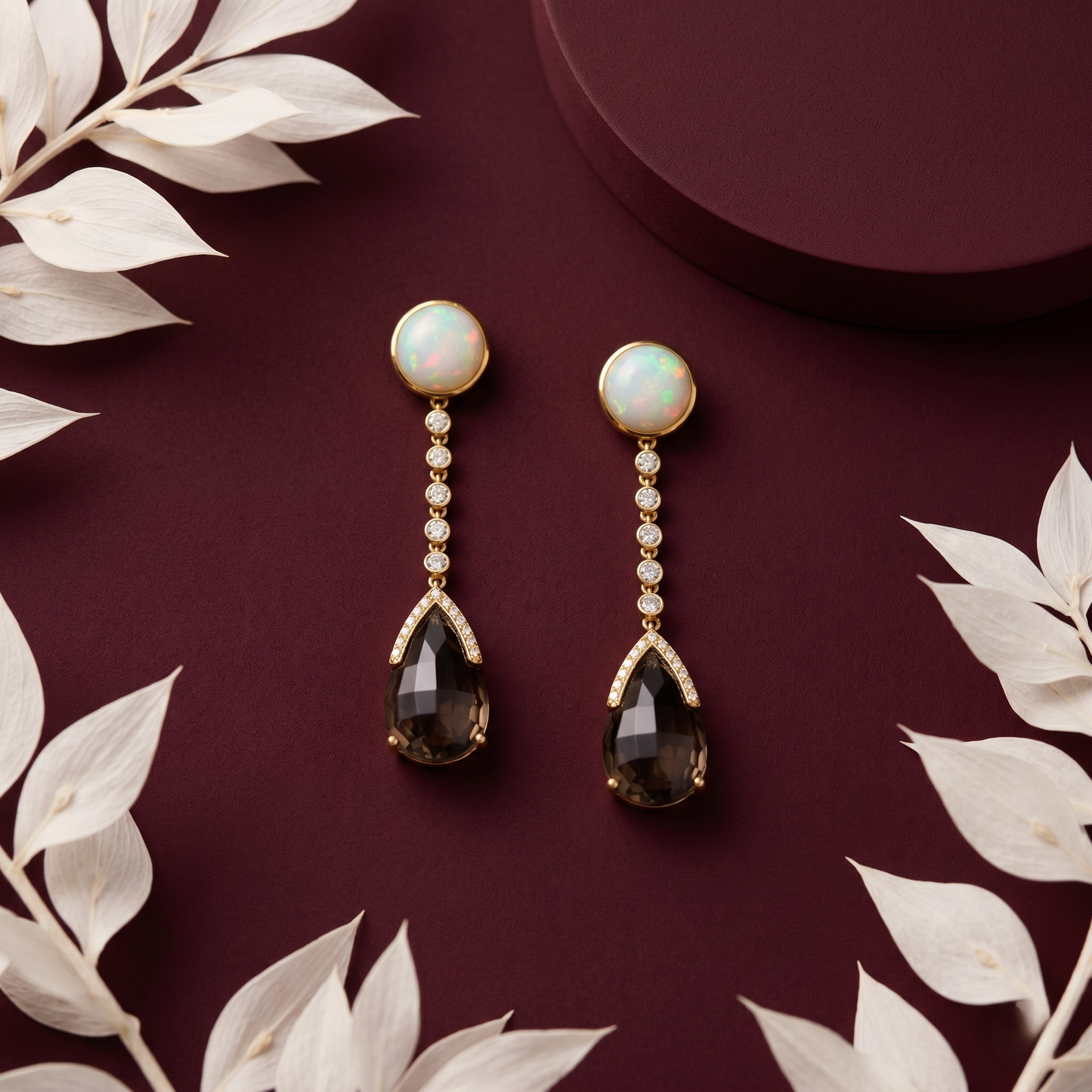 Opal and Smoky Quartz Drop Earrings