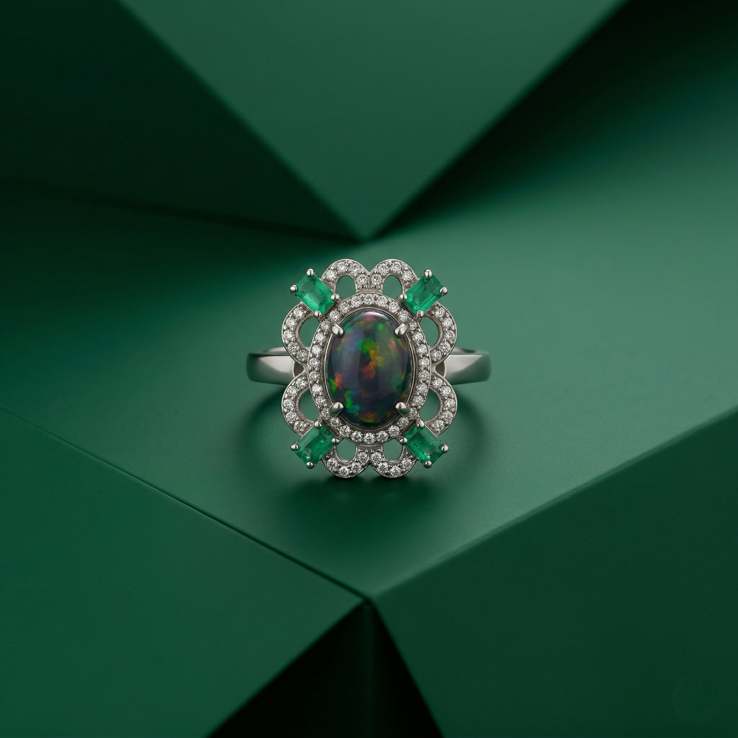 Vintage Floral Black Opal Silver Ring