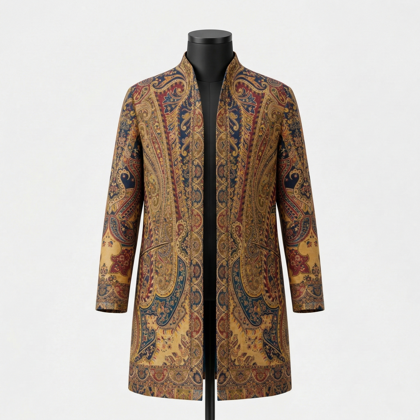 Intricate Paisley Mandarin Stand Collar Coat