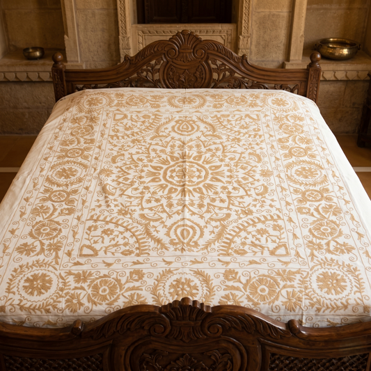 Luxury Ivory Gold Floral Handcrafted Bedcover