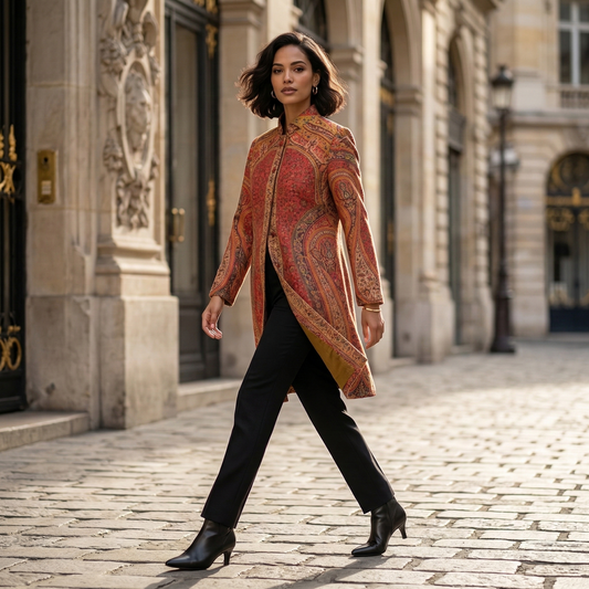 Royal Crimson Paisley Woolen Long Coat