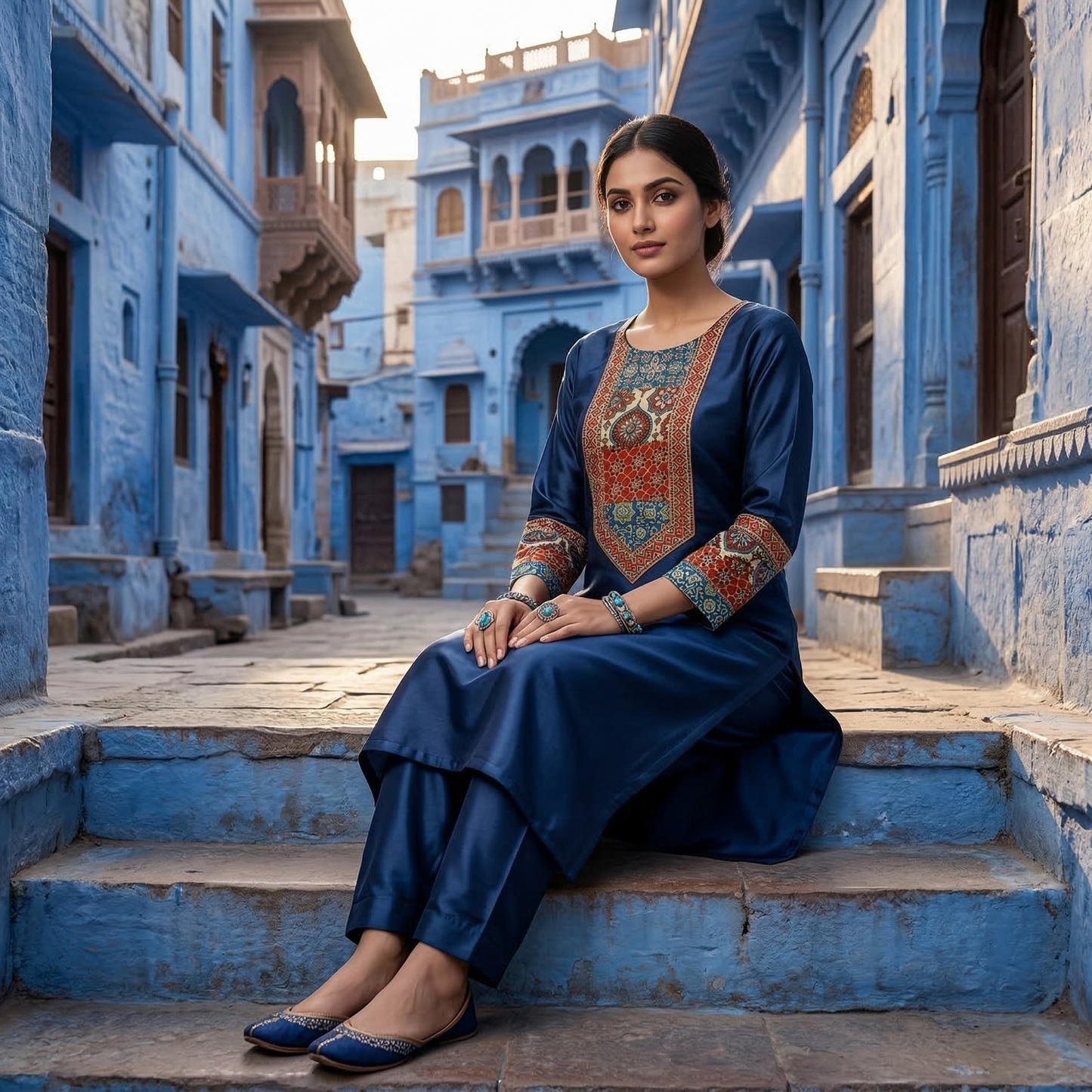 Royal Indigo Embroidered Silk Kurti Set