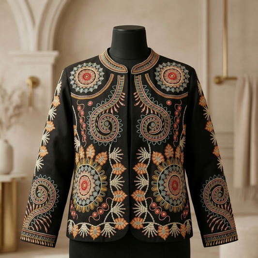 Ornate Suzani-Inspired Embroidered Canvas Jacket