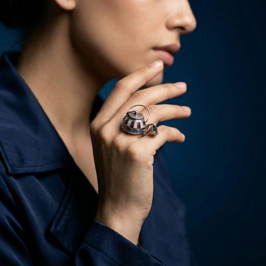 Enchanting Silver Teapot Enamel Charm Ring