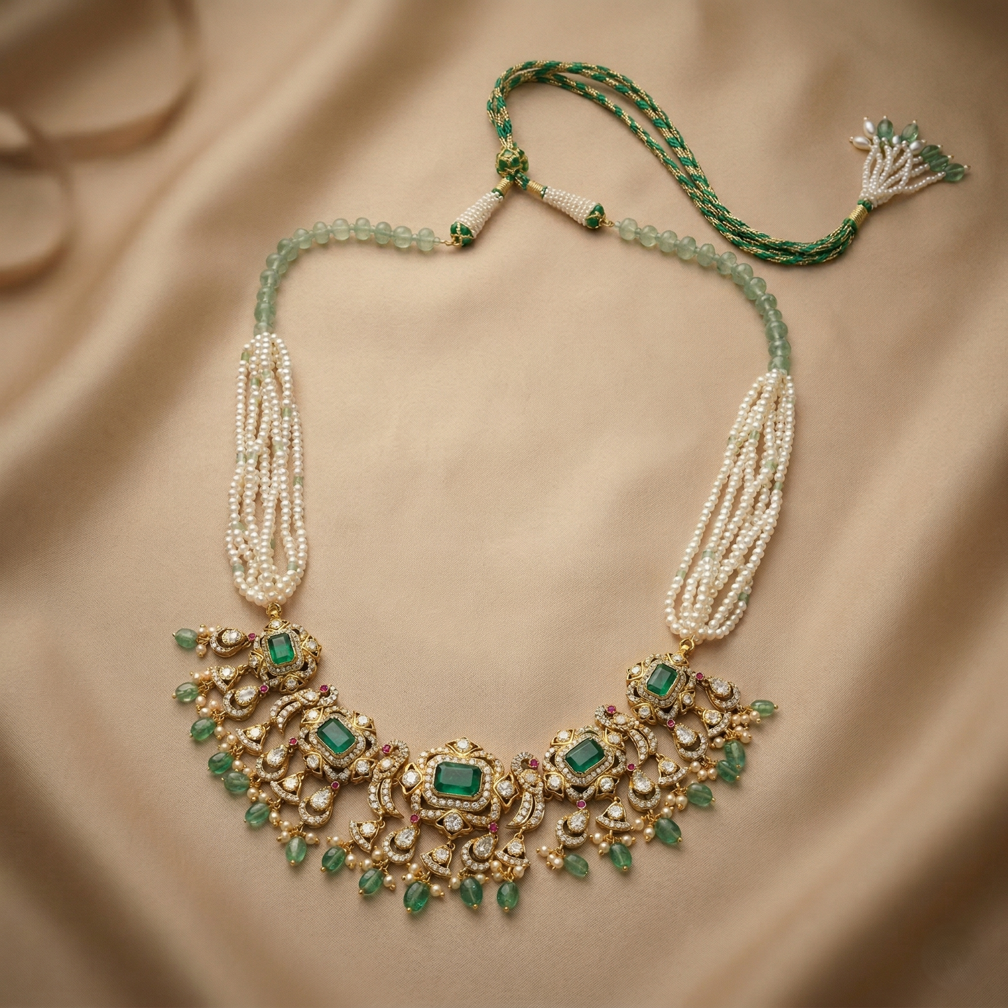 Ethereal Emerald Silver Pearl Heritage Necklace