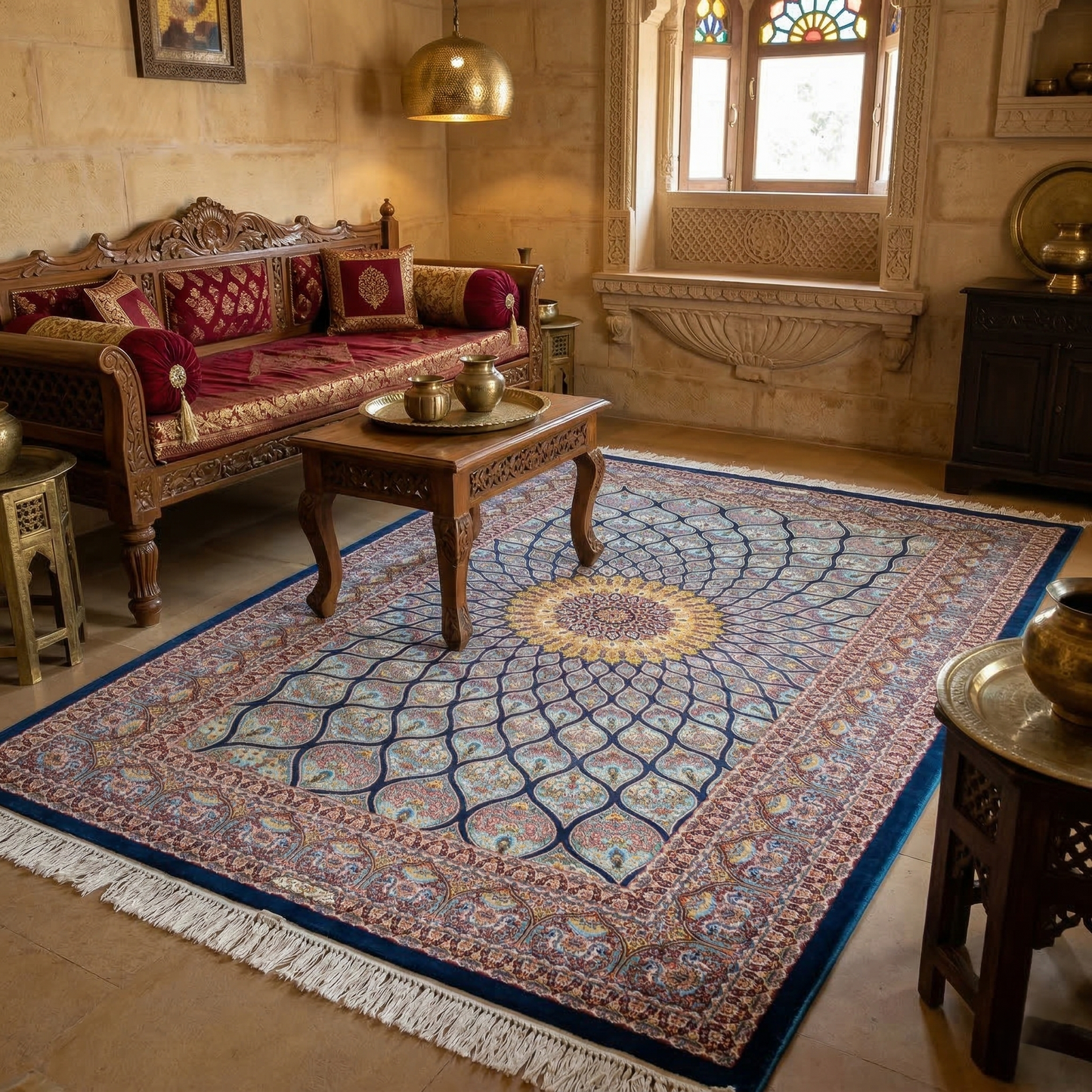 Handcrafted Persian Motif Floral Silk Rug