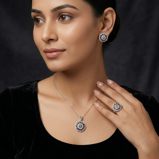 Exquisite Floral Multi-Gem Silver Pendant Set