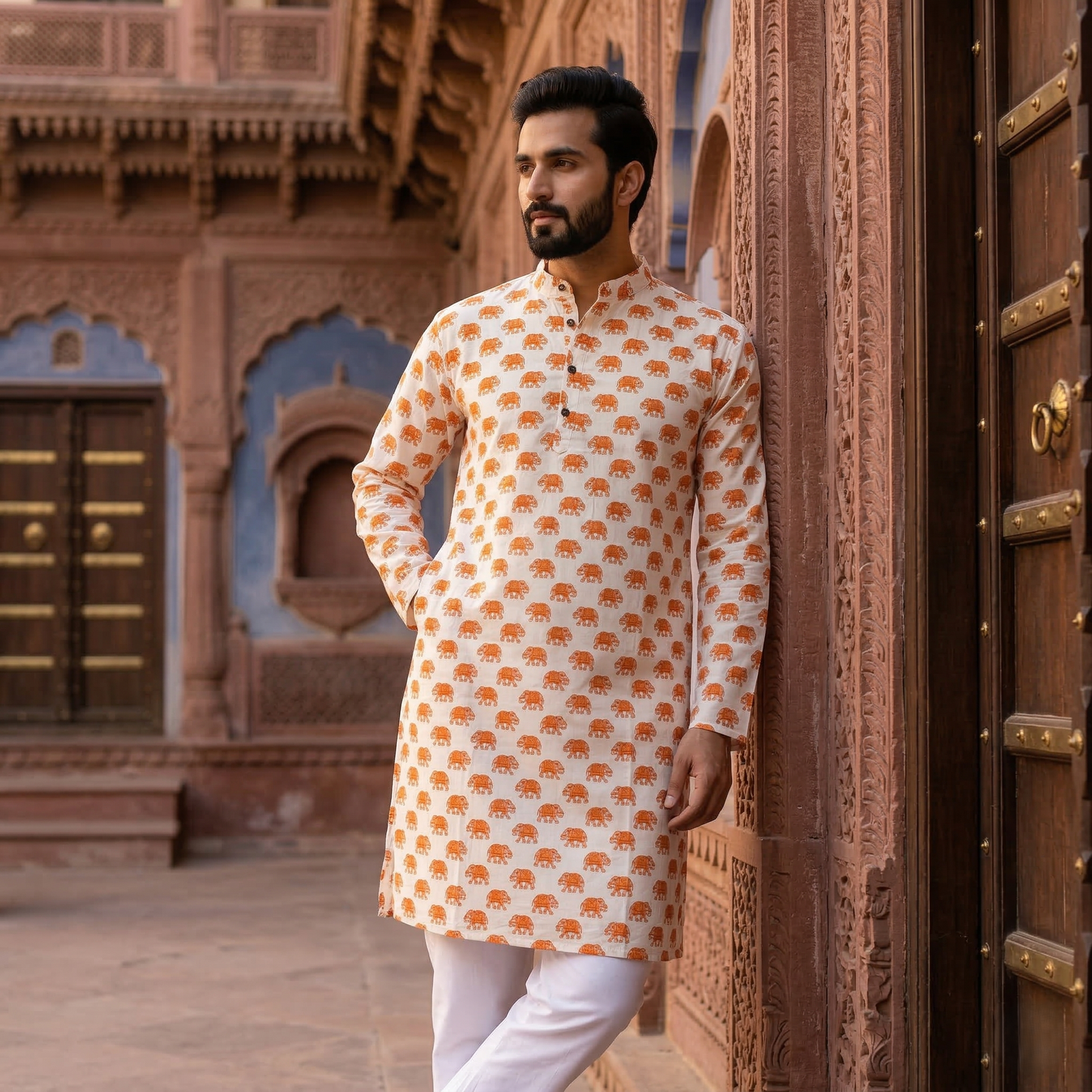 Hand-Block Elephant Print Cotton Kurta