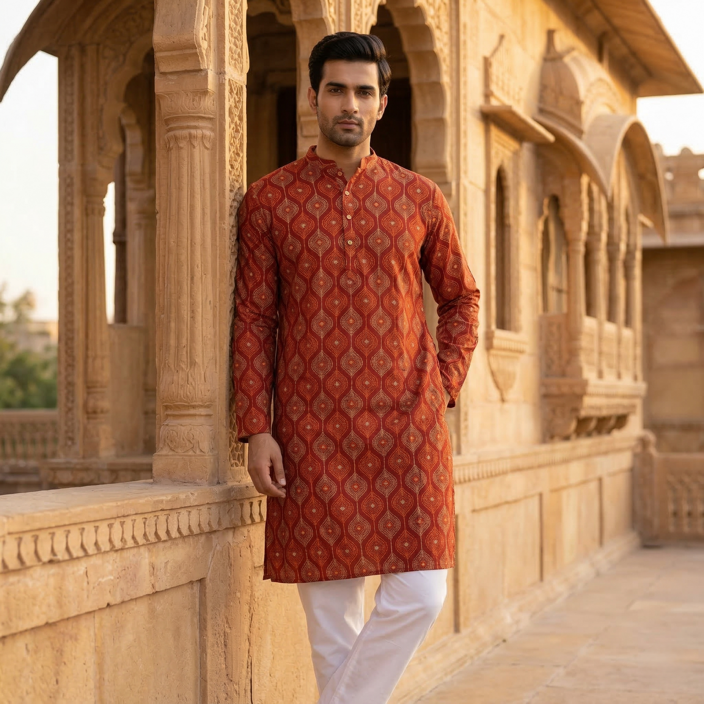 Rustic Elegance Rust Printed Silk Kurta