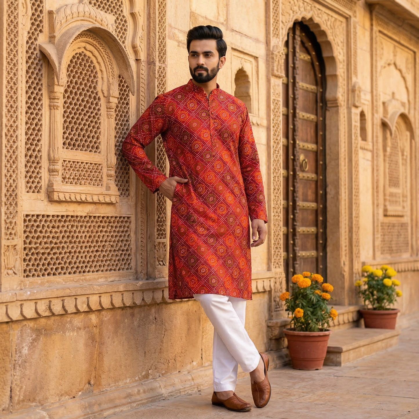 Vibrant Red Bandhani Print Men's Kurta