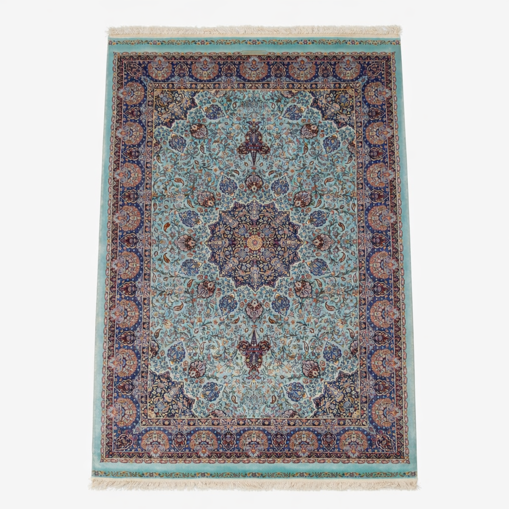 Turquoise Medallion Persian Silk Accent Rug