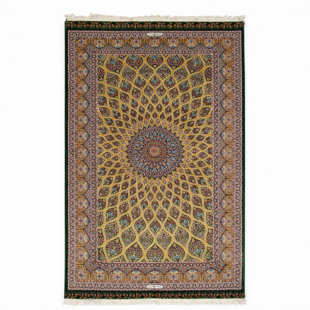 Hand Knotted Golden Medallion Persian Silk Rug