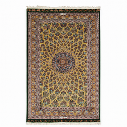 Hand Knotted Golden Medallion Persian Silk Rug