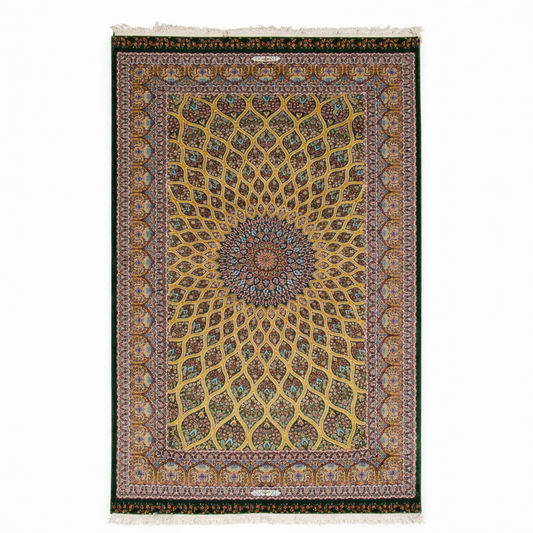 Hand Knotted Golden Medallion Persian Silk Rug