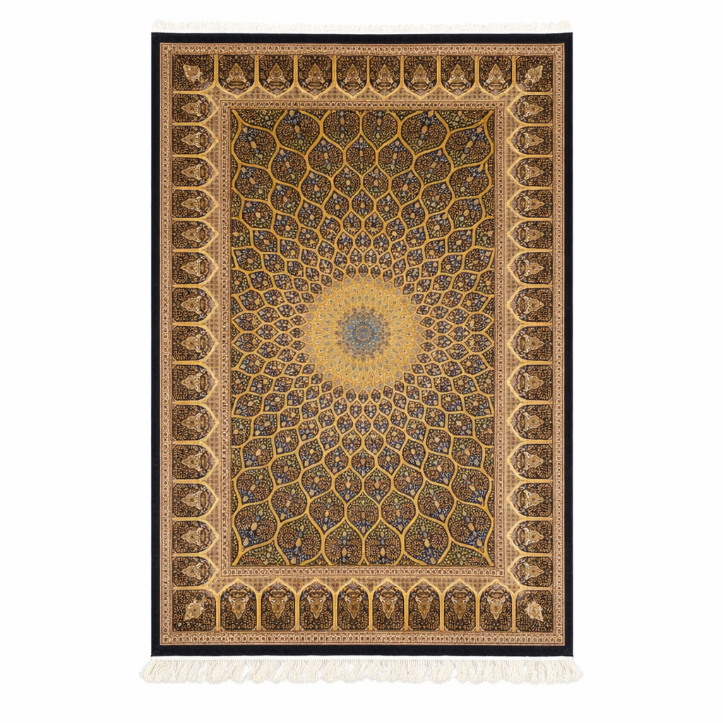 Persian Medallion Intricate Gold Silk Rug