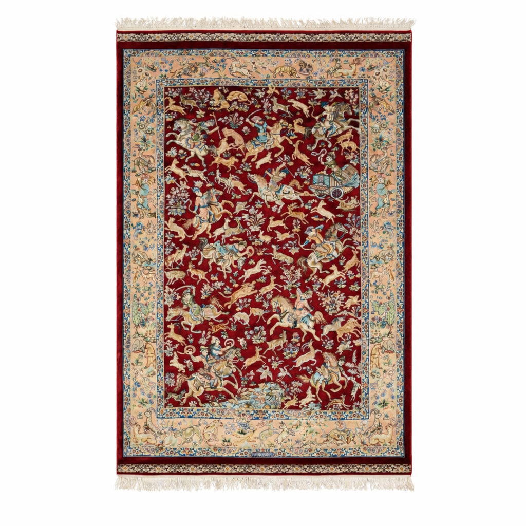 Royal Mughal Hunt Silk Area Rug