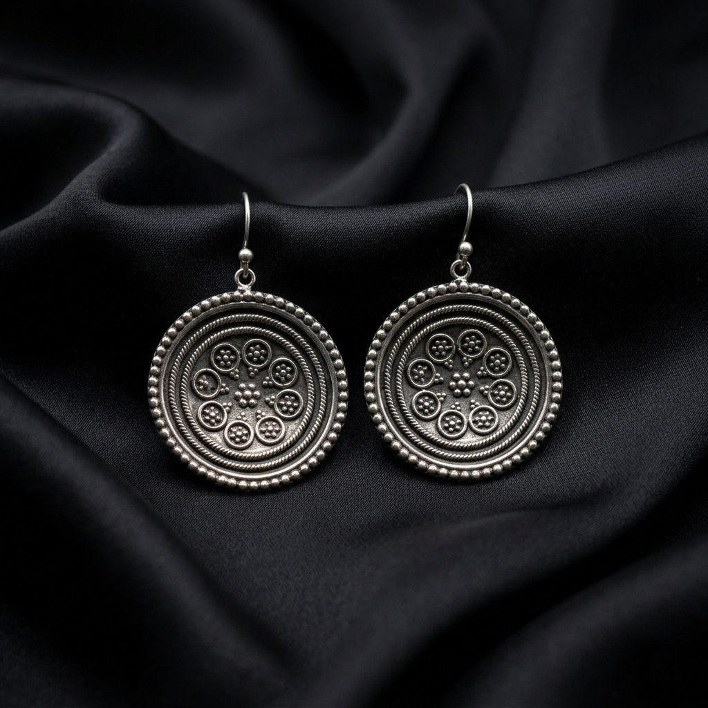 Vintage Mandala Oxidized Silver Drop Earrings