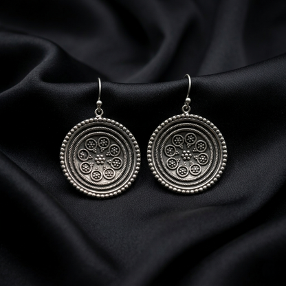 Vintage Mandala Oxidized Silver Drop Earrings