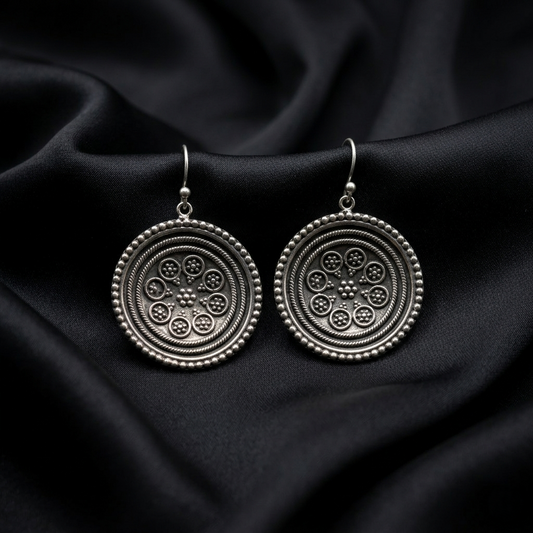 Vintage Mandala Oxidized Silver Drop Earrings