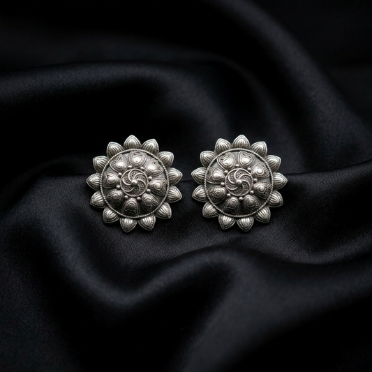 Intricate Floral Oxidized Silver Stud Earrings