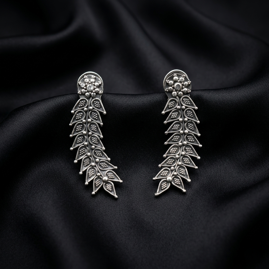Oxidized Silver Floral Leaf Drop Earrings