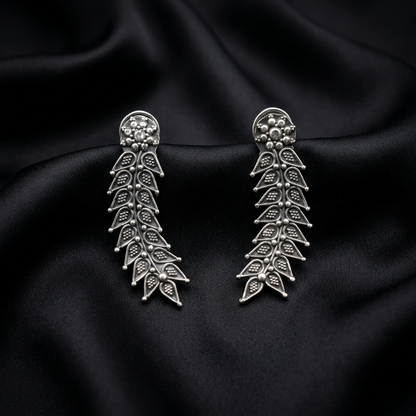Oxidized Silver Floral Leaf Drop Earrings
