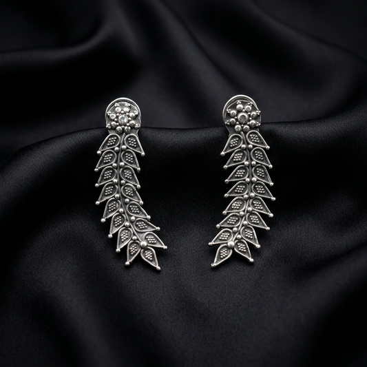 Oxidized Silver Floral Leaf Drop Earrings