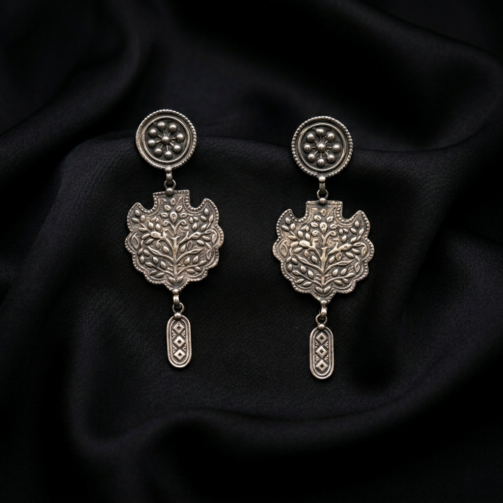 Vintage Kalpavriksha Motif Oxidized Silver Earrings