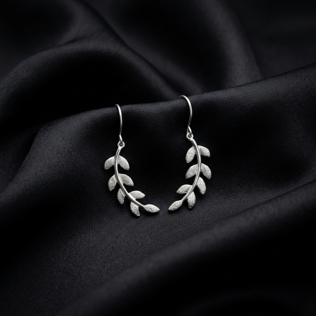 Silver Laurel Leaf Elegant Drop Earrings