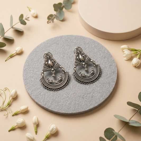 Vintage Oxidized Silver Tribal Peacock Chandbalis