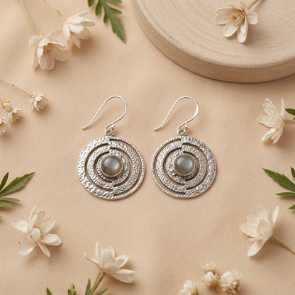 Celestial Moonstone Filigree Silver Drop Earrings