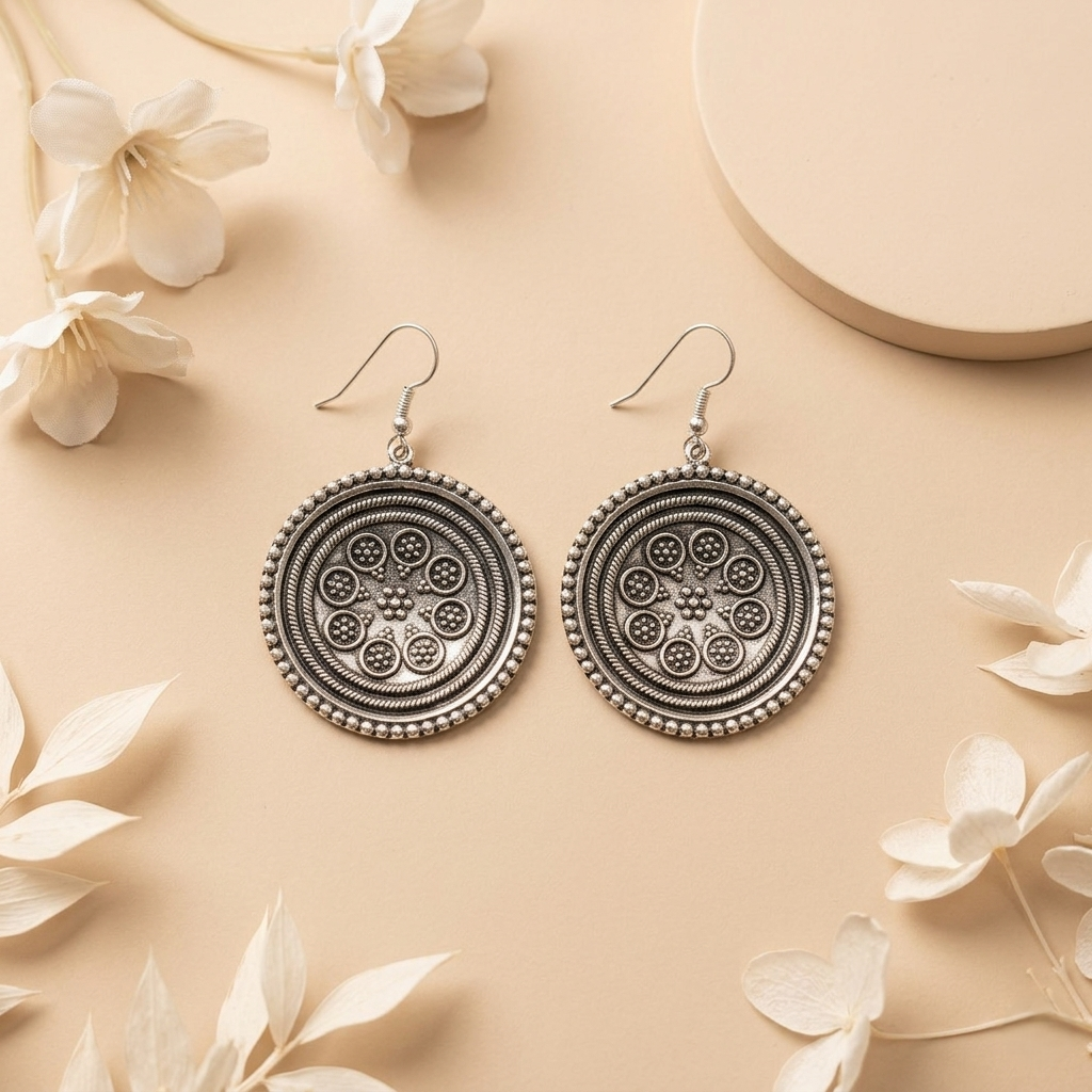 Vintage Mandala Oxidized Silver Drop Earrings