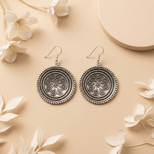 Vintage Mandala Oxidized Silver Drop Earrings