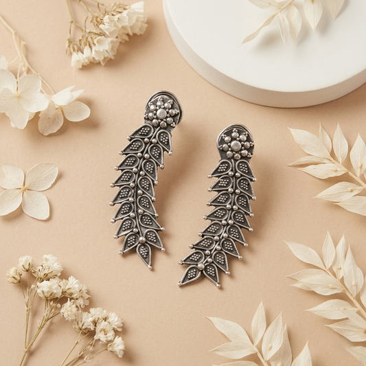 Oxidized Silver Floral Leaf Drop Earrings