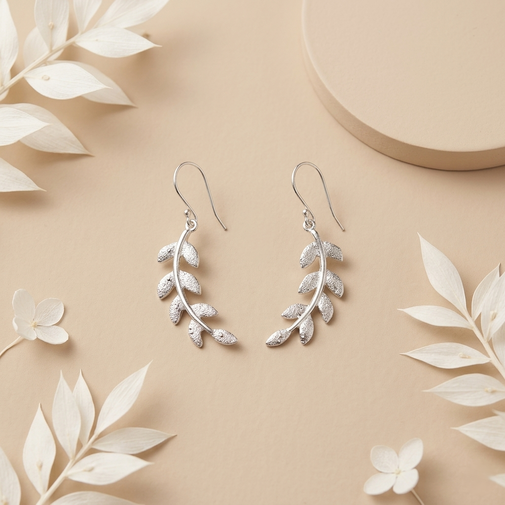 Silver Laurel Leaf Elegant Drop Earrings
