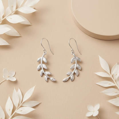 Silver Laurel Leaf Elegant Drop Earrings