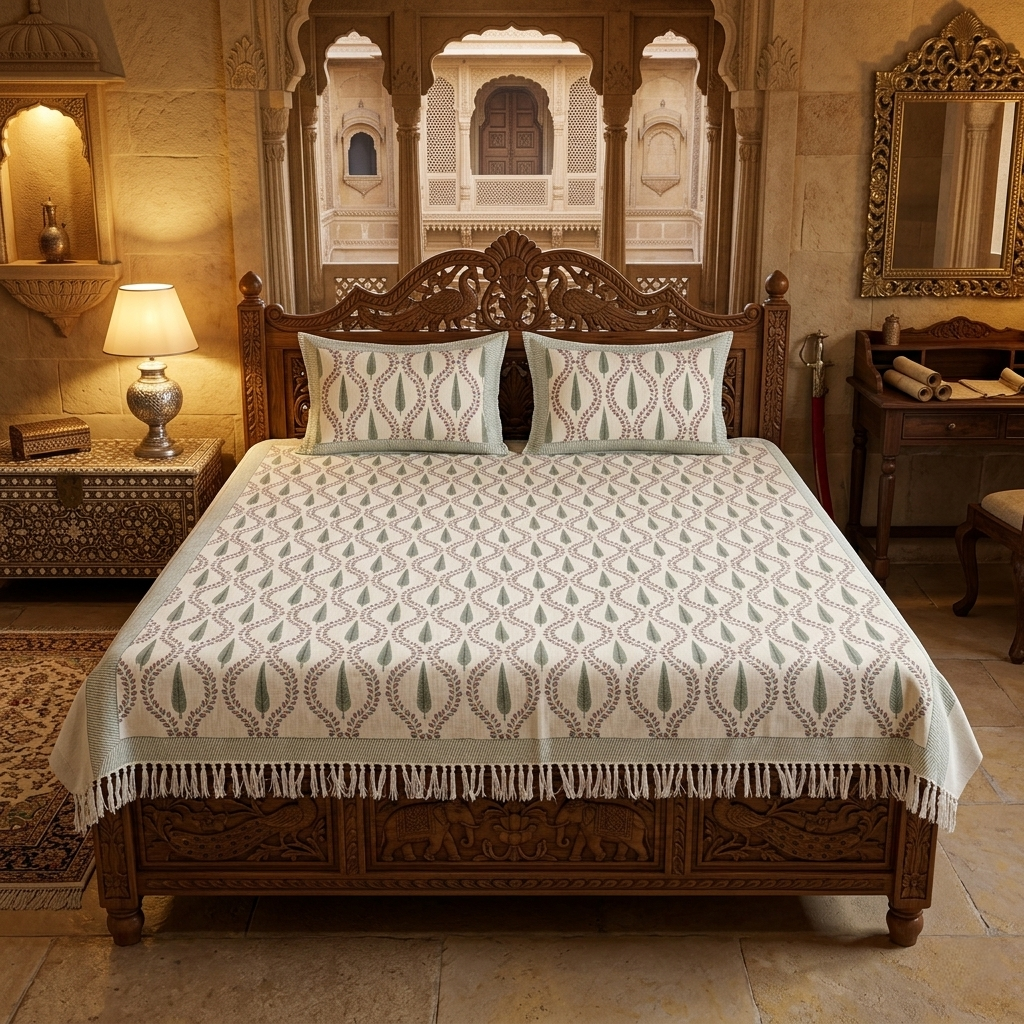 Sage Leaf Hand-Block Khadi Bedcover Set