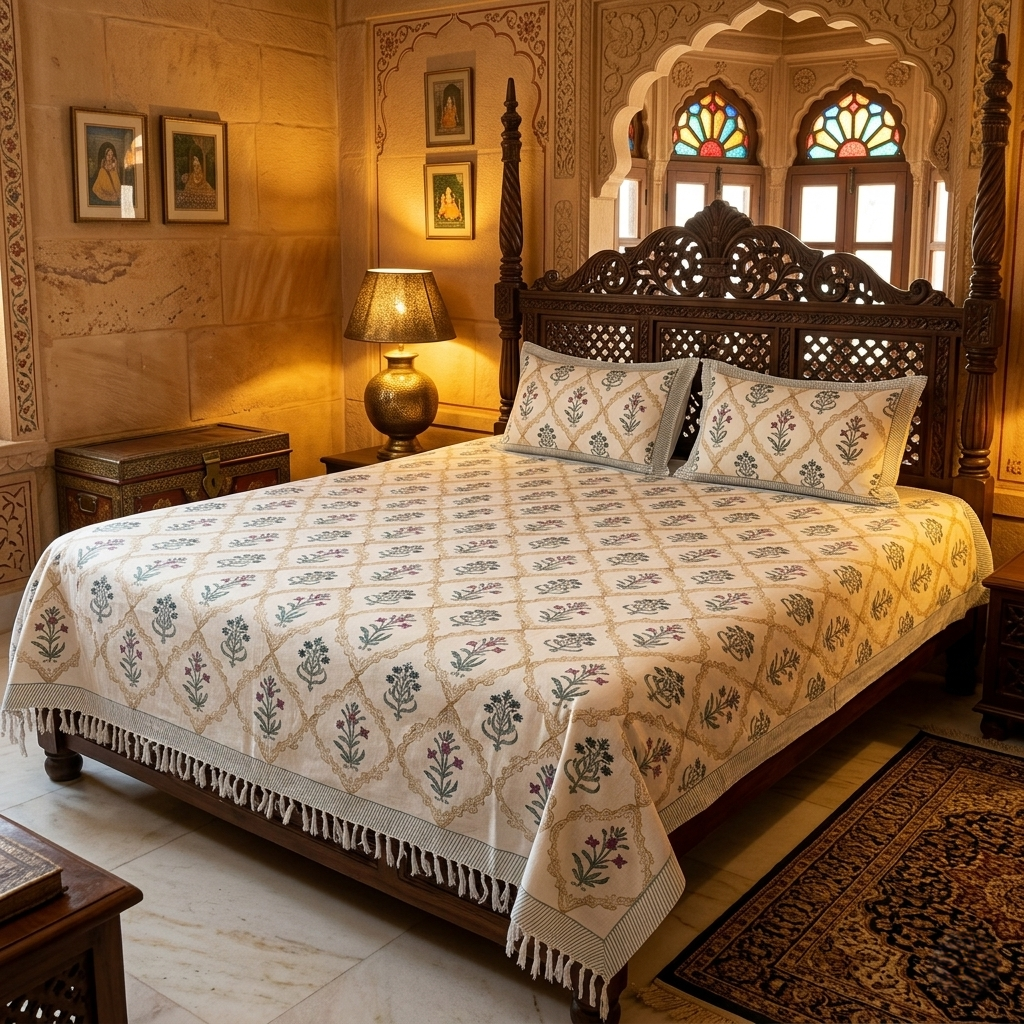 Vintage Floral Hand-Blocked Khadi Bedcover Set