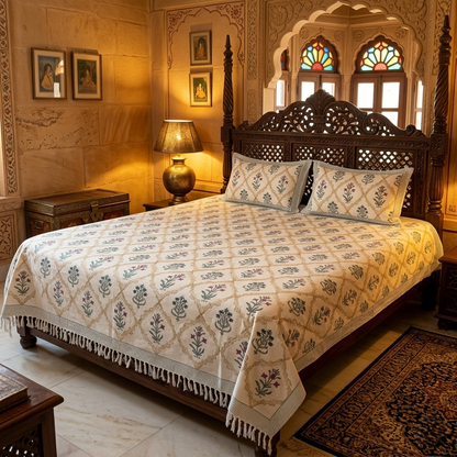 Vintage Floral Hand-Blocked Khadi Bedcover Set