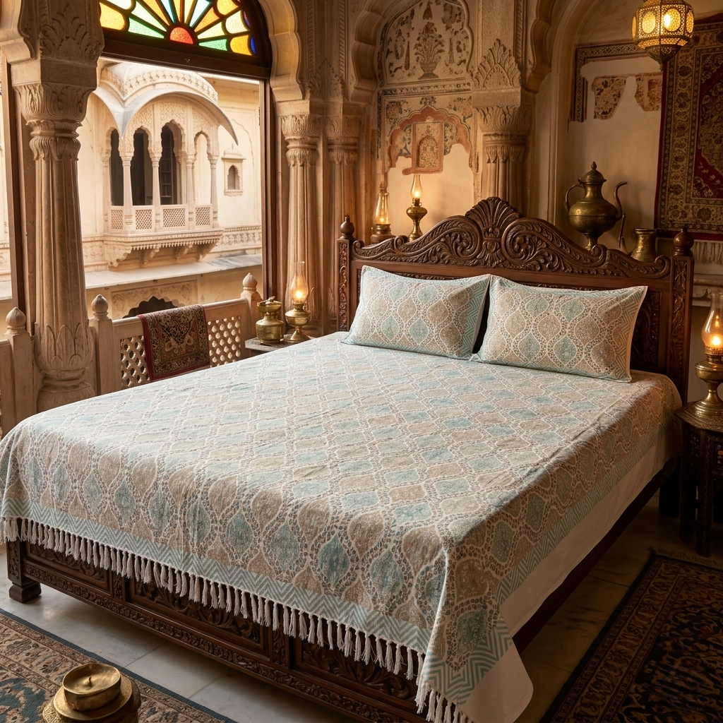 Azure Heritage Damask Khadi Bedcover Set