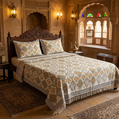 Mughal Buta Grey Khadi Bedcover Set