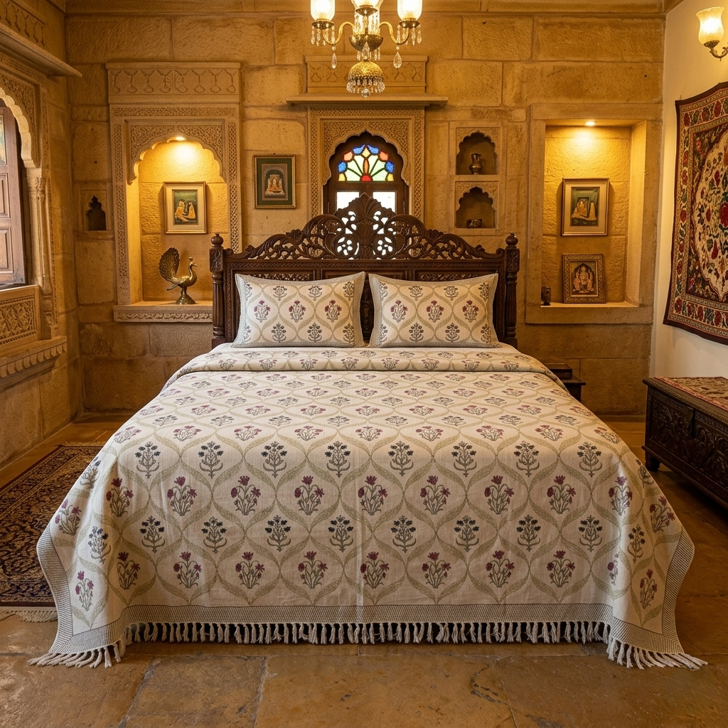 Heritage Bloom Hand-Block Khadi Bedcover Set
