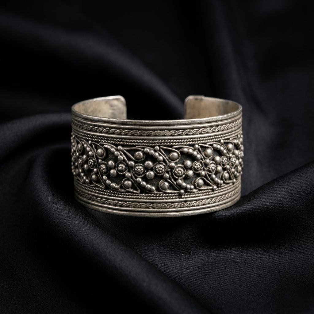 Intricate Filigree Ornate Silver Kada Bracelet