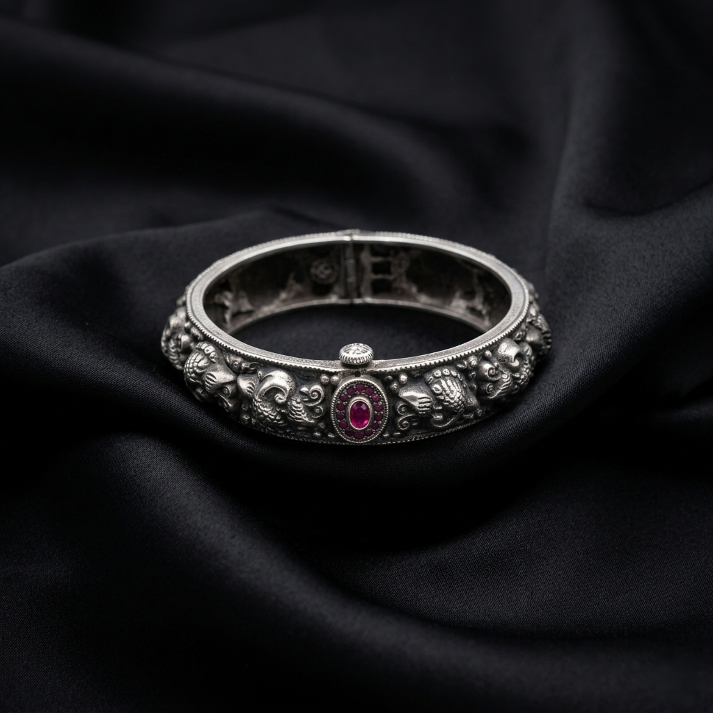 Antique Oxidized Silver Ruby Floral Kada