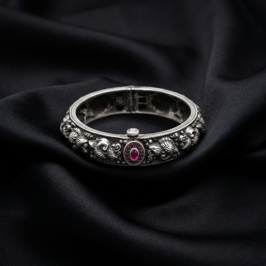 Antique Oxidized Silver Ruby Floral Kada