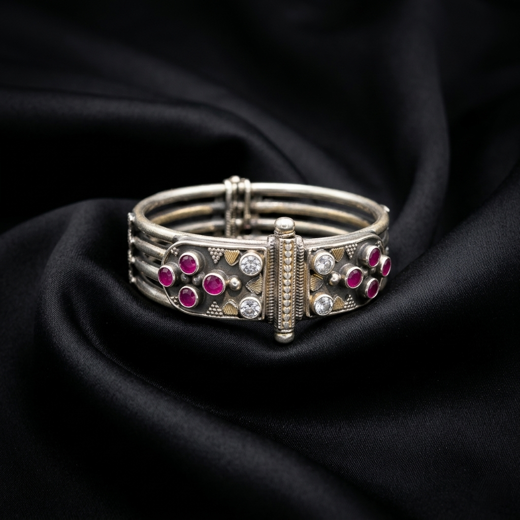 Vintage Oxidized Silver Ruby Floral Kada