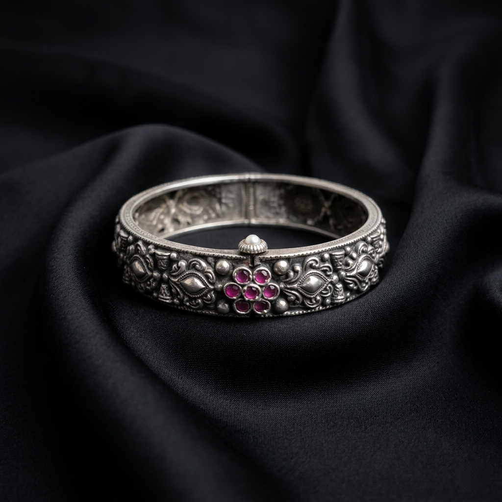 Antique Floral Silver Kada Bracelet